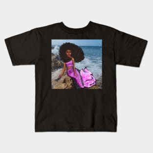 Coco the Magical rainbow mermaid with brown eyes, flowing Afro hair and caramel brown skin Kids T-Shirt